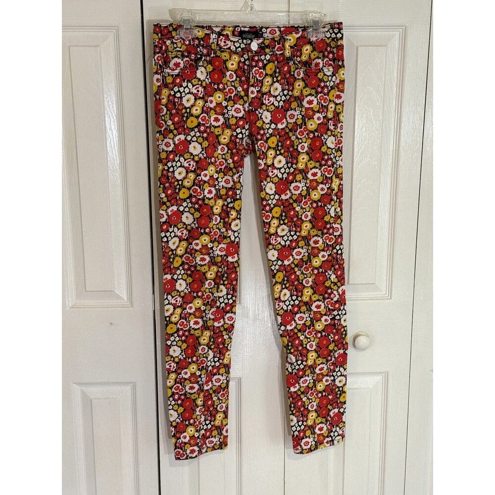 Kate Spade Saturday Red Yellow Floral Denim Stretch Boho Jeans Women's Sz 27